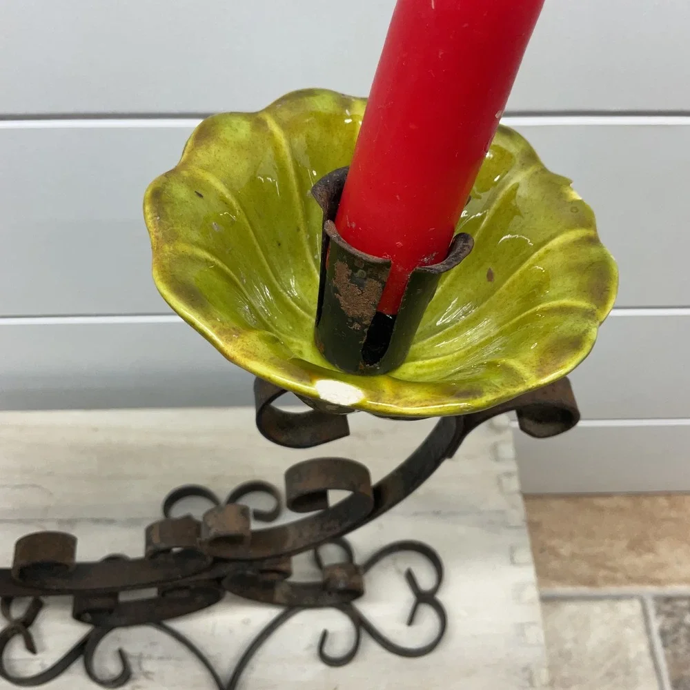 Vintage Wrought Iron Scroll Candelabra Chartreuse Green Ceramic Flower Basins